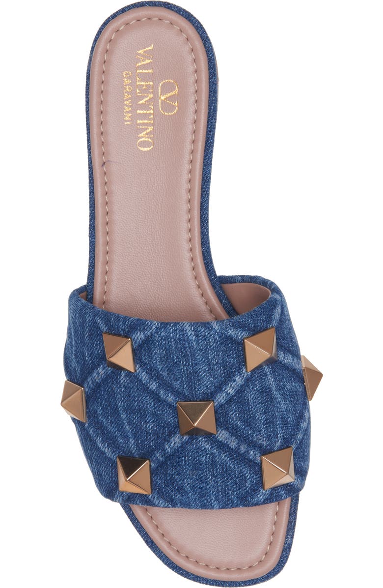 Valentino Garavani Roman Stud Matelassé Denim Slide Sandal, Alternate, color,