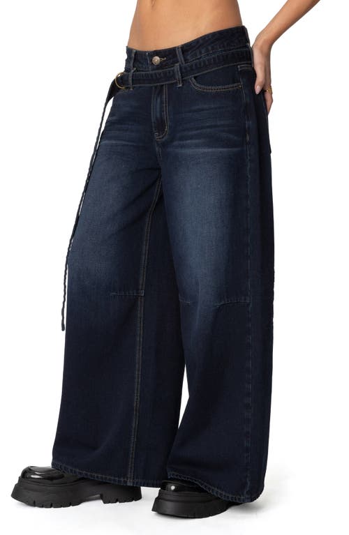 Edikted Belted Low Rise Super Baggy Jeans In Indigo-blue-raw-wash