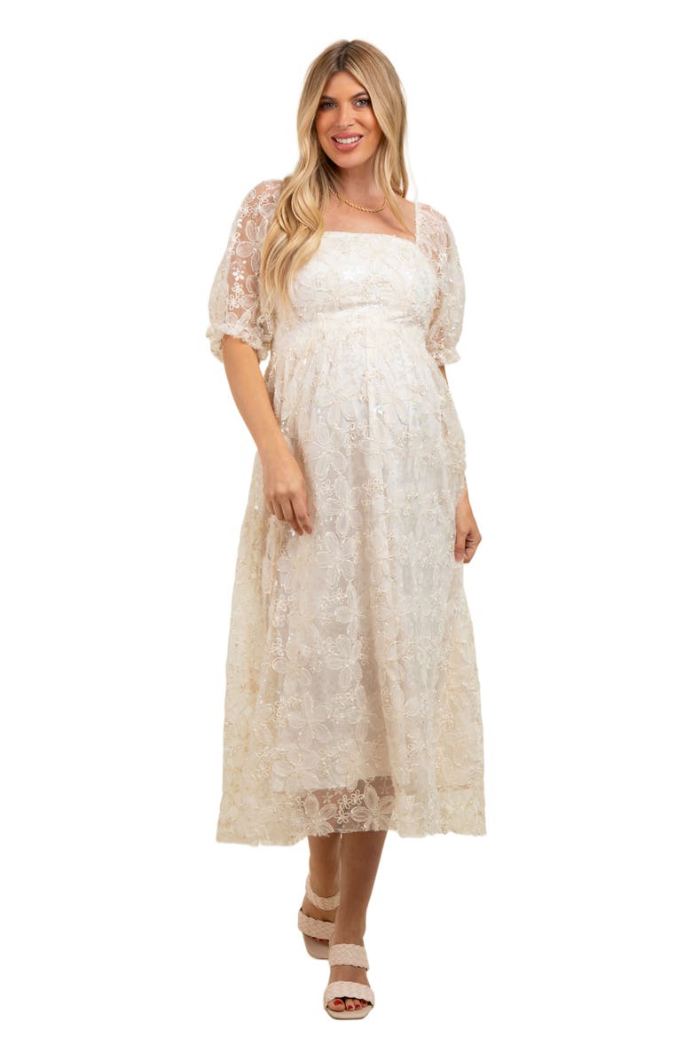 PinkBlush Floral Mesh Overlay Tie Back Midi Dress, Alternate, color, Cream