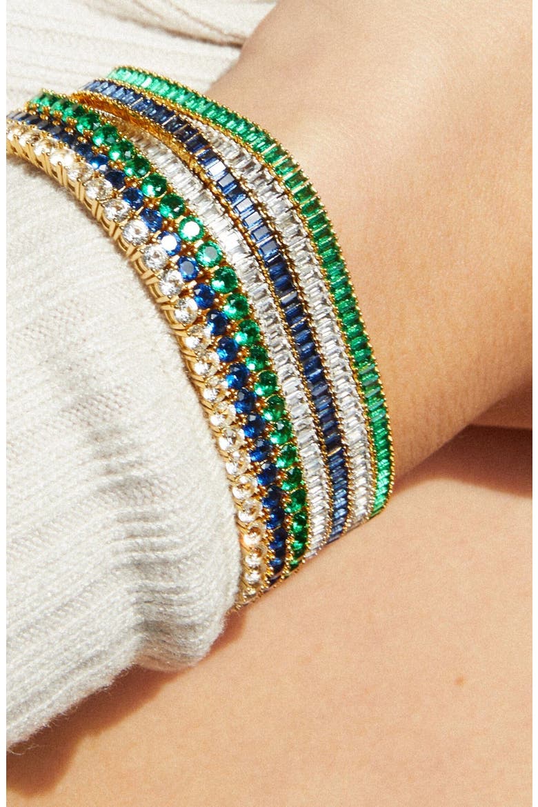 Lab Grown Blue Sapphire Baguette Tennis Bracelet, Alternate, color, Yellow Gold Vermeil