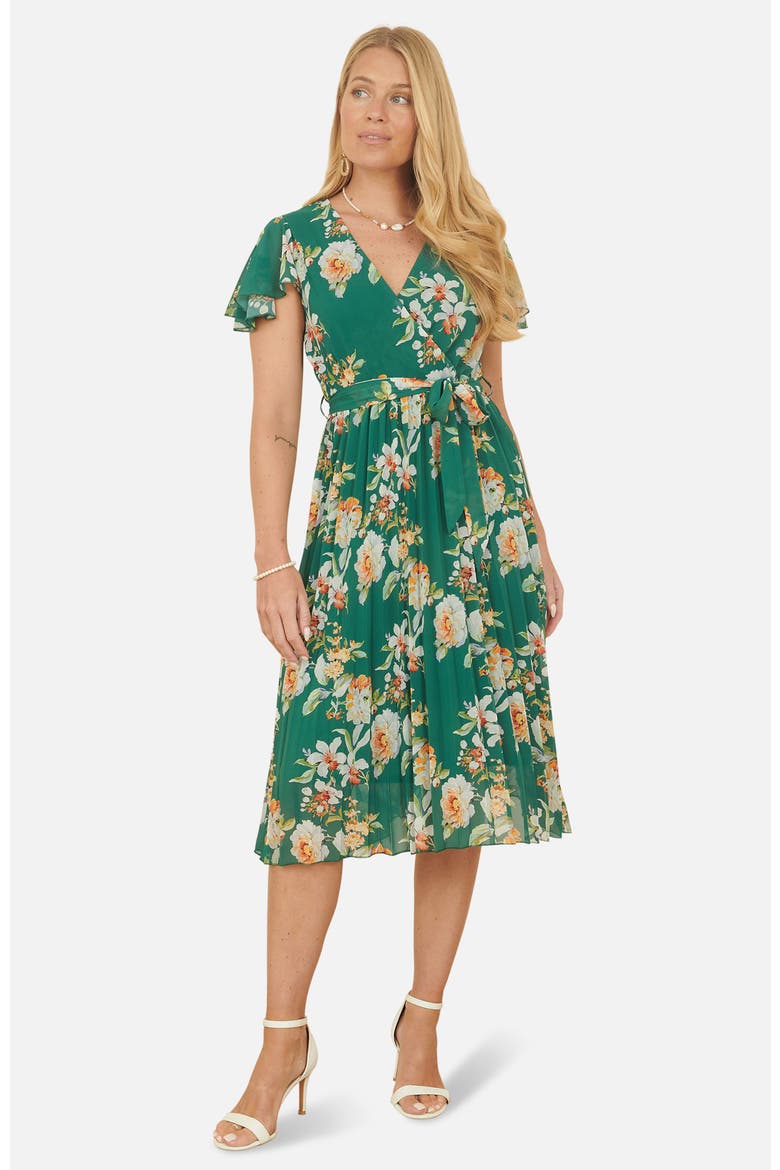 Pleated Floral Tie-Waist Wrap Midi Dress, Main, color, Green