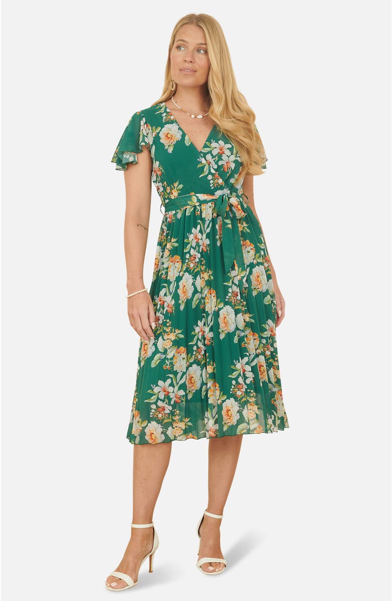 Yumi Pleated Floral Tie-Waist Wrap Midi Dress, Main, color, Green