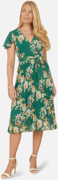 Yumi Pleated Floral Tie-Waist Wrap Midi Dress
