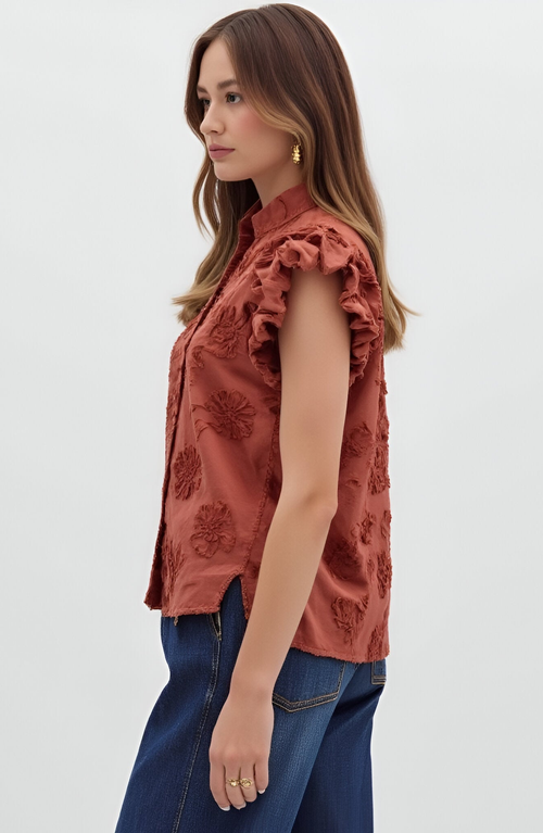 Modenaire Ruffle Sleeve Blouse With Textured Floral Embroidery And Button Front In Brown
