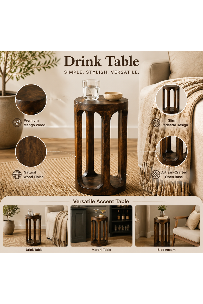 Mango Wood Handmade Round Drink Table, Alternate, color, Natural Brown