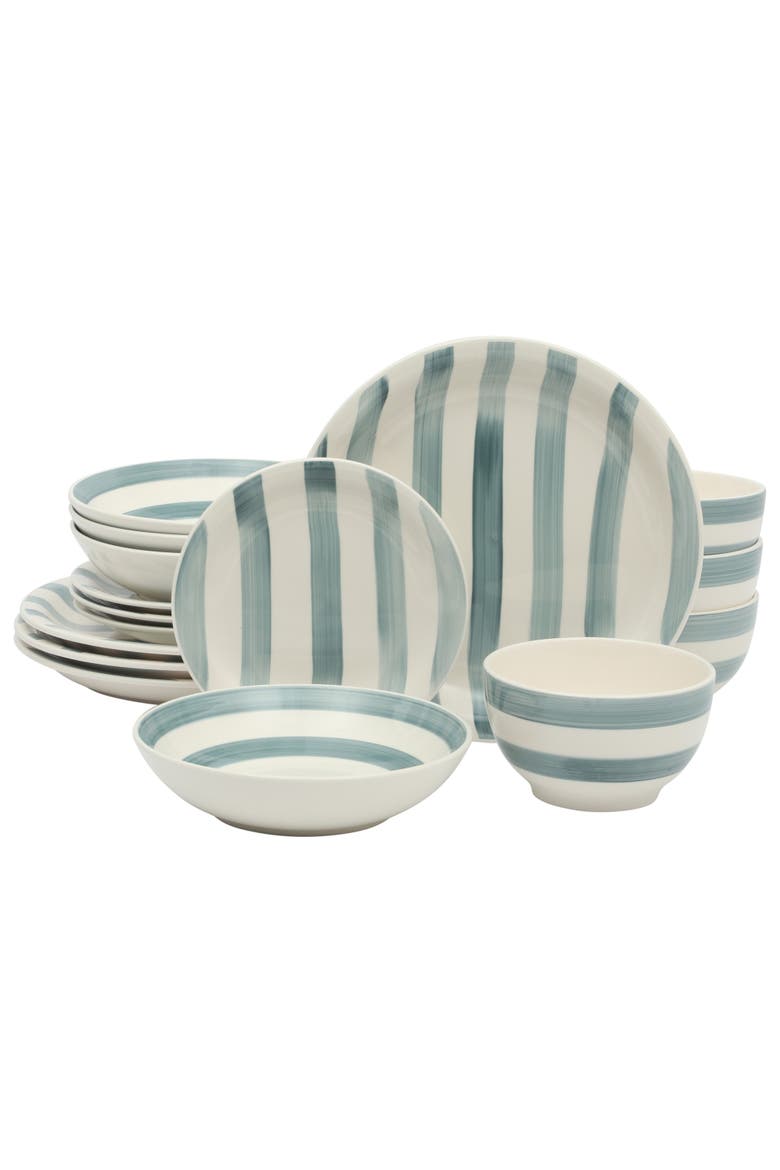 Kenwood Shores 16 Piece Stoneware Plates and Bowls Dinnerware Set, Main, color, Blue/White