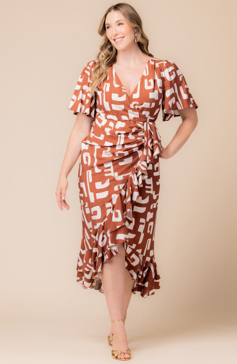 Kiyonna Alexandra Floral Print Ruffle Wrap Front Maxi Dress, Alternate, color, Chocolate Abstraction