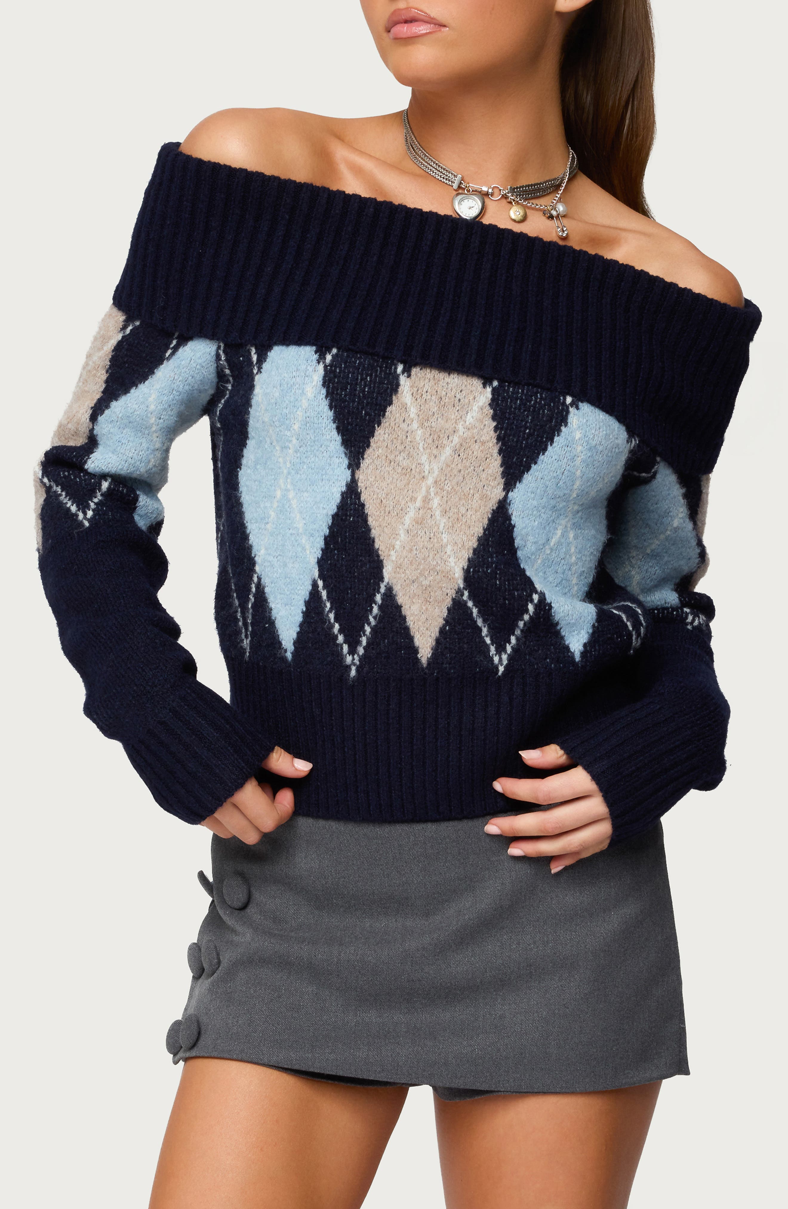 Jakarie Argyle Off the Shoulder Sweater