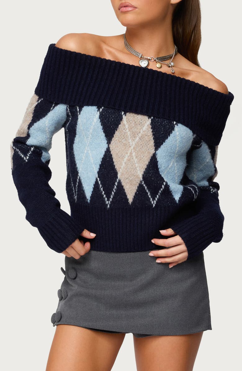 EDIKTED Jakarie Argyle Off the Shoulder Sweater, Main, color, Navy