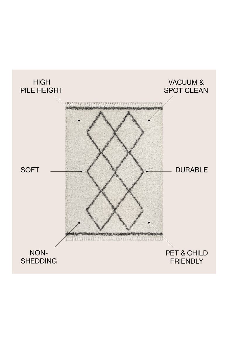 Mercer Shag Plush Tassel Moroccan  Geometric Trellis Denim Area Rug, Alternate, color, Cream/Gray