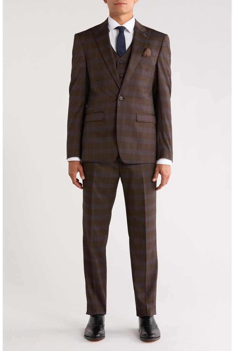 Glen Plaid Mélange 3-Piece Suit, Main, color, BROWN