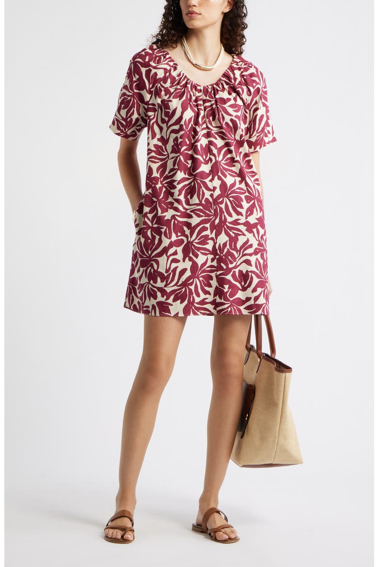 Shirred Linen Blend Minidress, Alternate, color, BEIGE- BURGUNDY FIRA BLOOM
