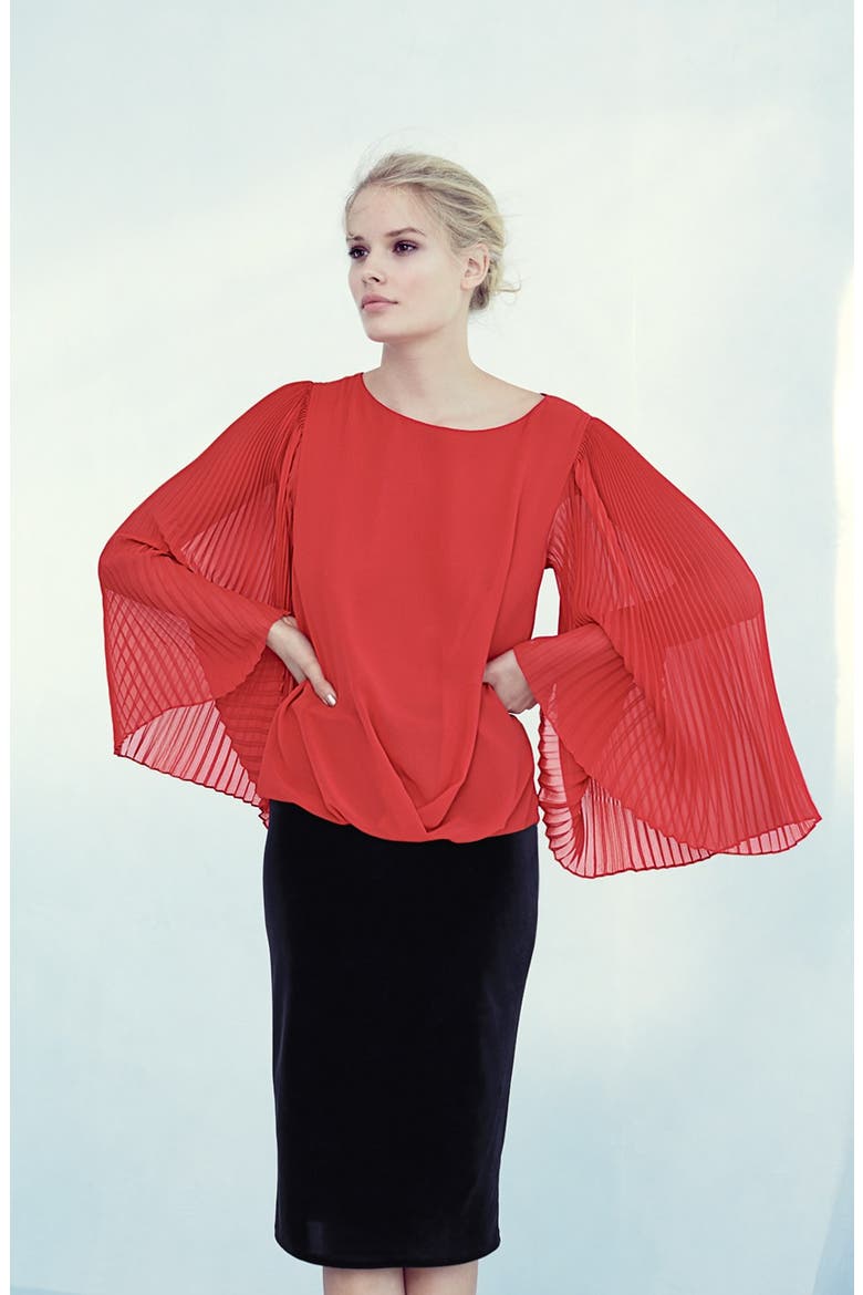 Pleat Sleeve Folded Front Blouse, Alternate, color, CHERRY