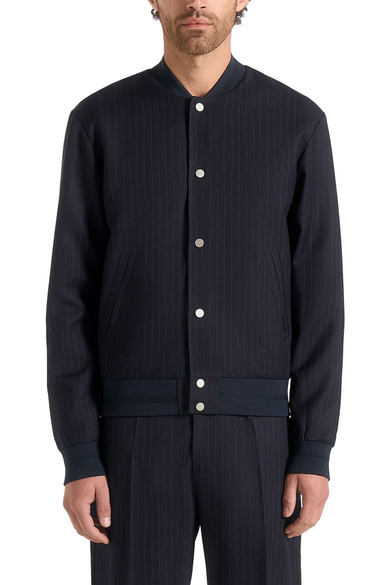 Savin Pinstripe Bomber Jacket, Alternate, color, Navy