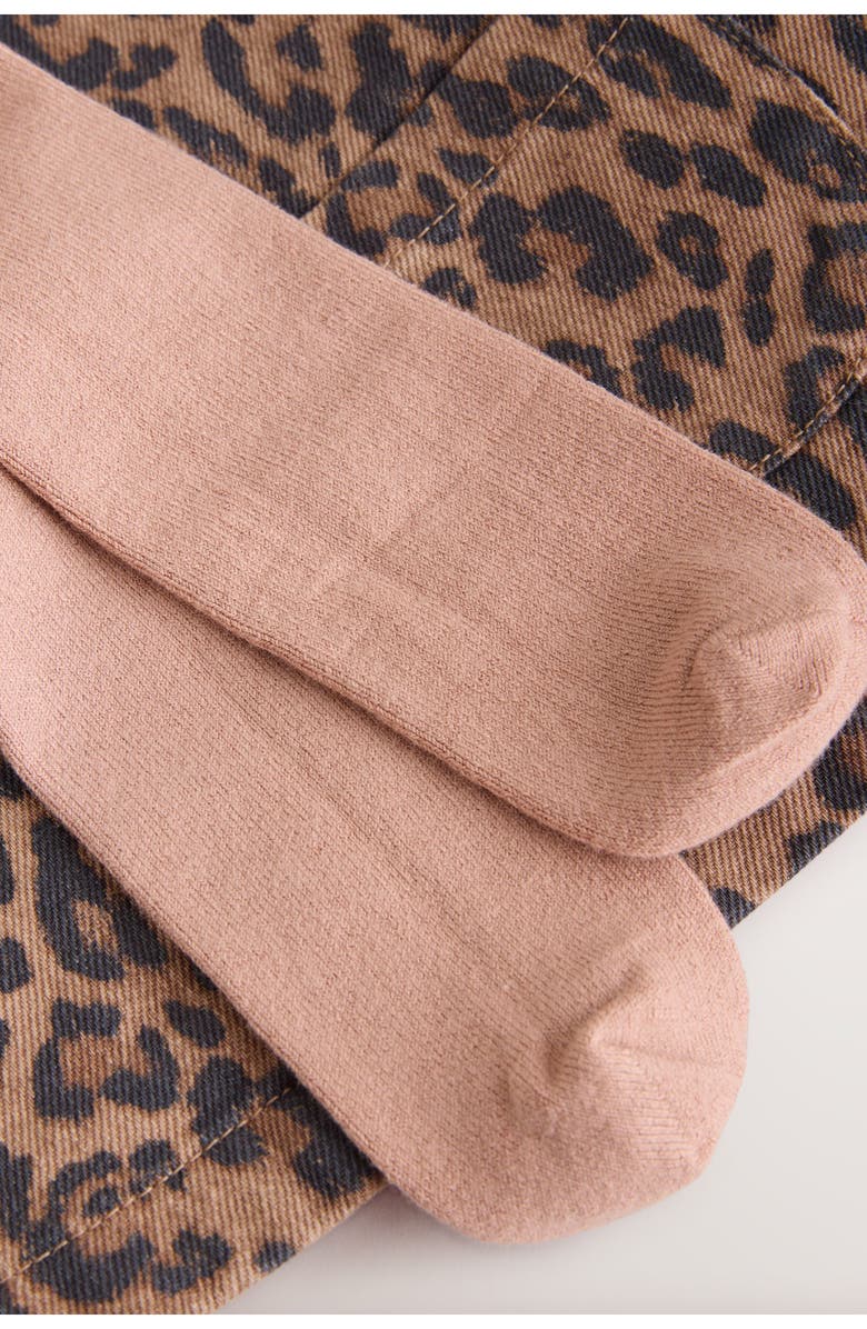 NEXT Leopard Denim Pinafore Dress, Ribbed Bodysuit & Tights Set, Alternate, color, Pink Multi