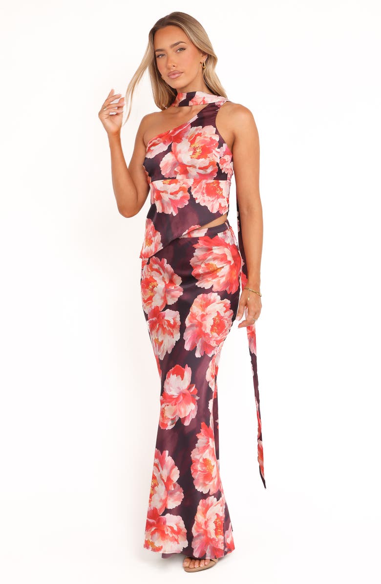 Petal & Pup Georgina Floral Satin One-Shoulder Top & Maxi Skirt Set, Alternate, color, Burgundy Peony
