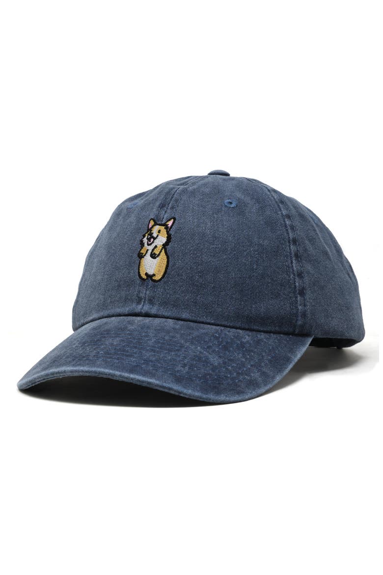 Leaping Corgi Embroidered Cap, Alternate, color, Washed Navy Blue