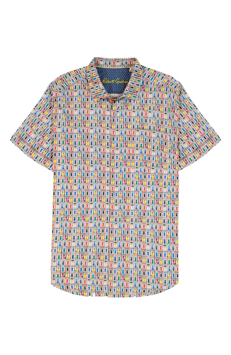Robert Graham Livingston Stretch Short Sleeve Button-Up Shirt, Alternate, color, White/ Doors