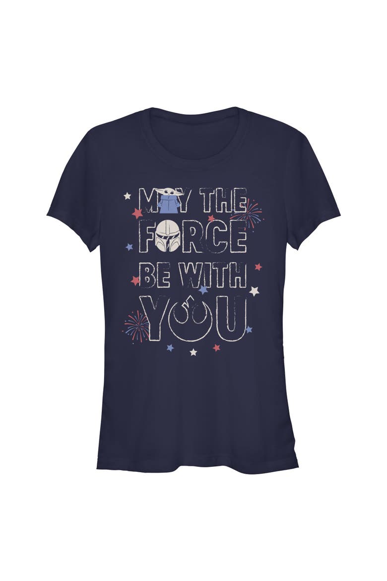 Junior's Star Wars The Mandalorian May The Force And Fireworks  Graphic T-Shirt, Main, color, Navy Blue