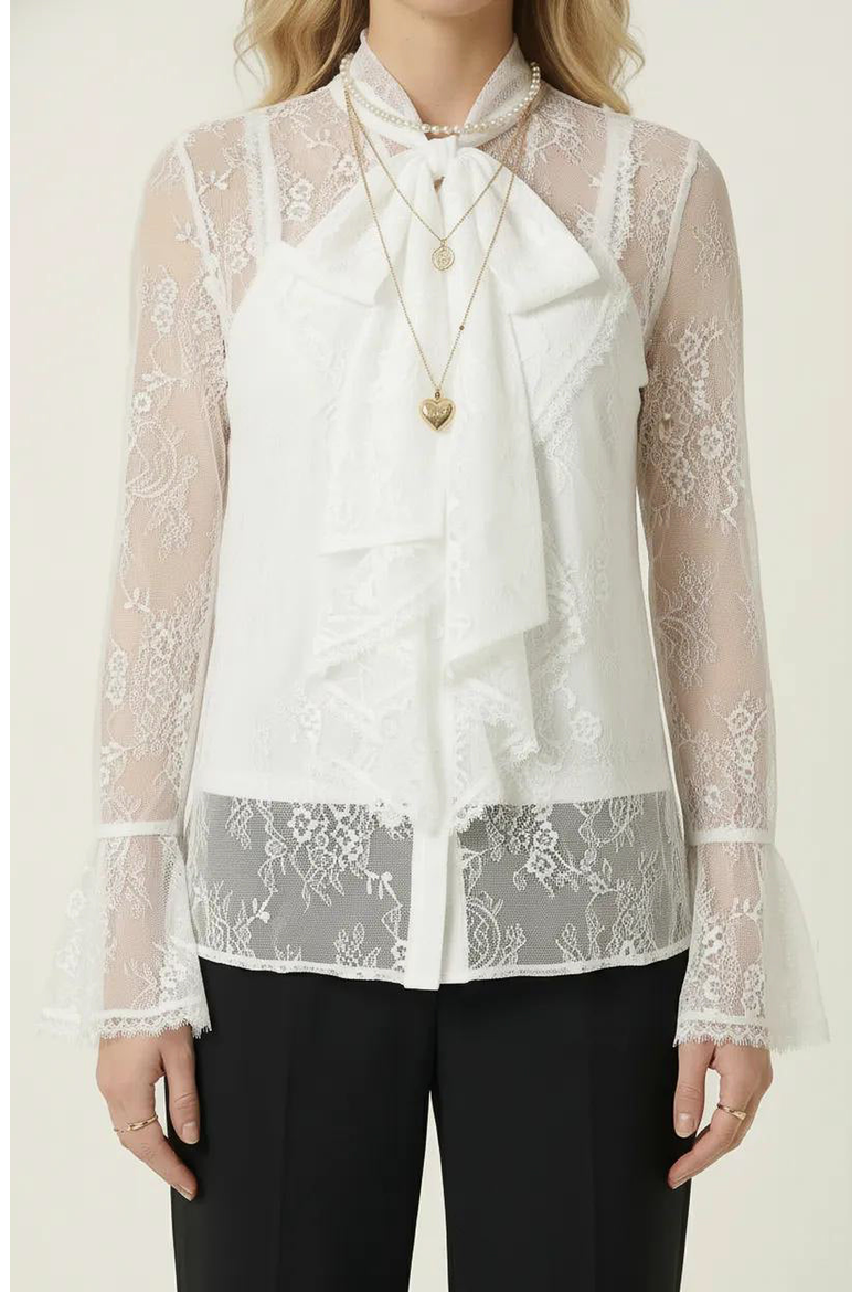 Sheer Lace Bow Tie Neck Ruffle Front Detail Blouse, Main, color, White