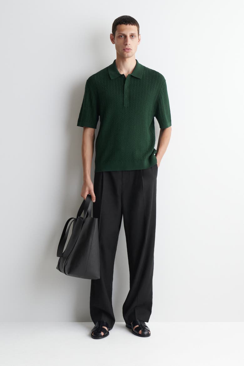 Cable-knit Cotton-linen Polo Shirt, Alternate, color, DARK GREEN