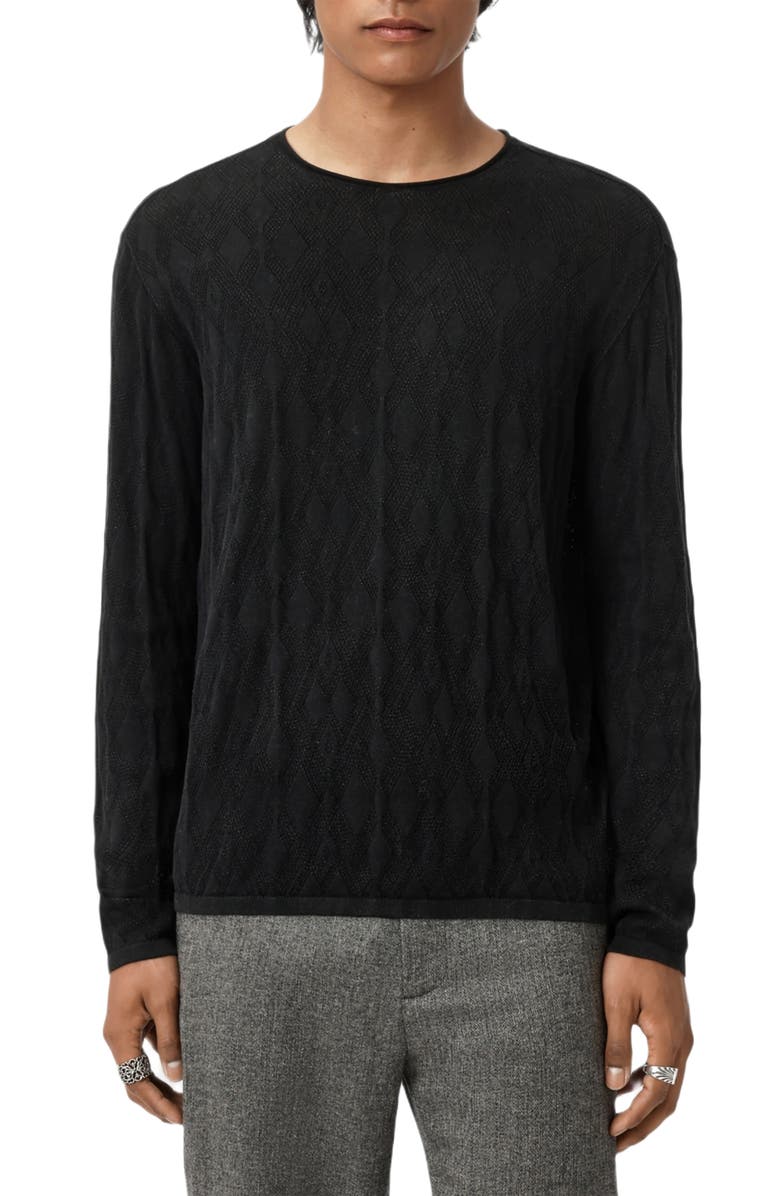 John Varvatos Brycen Broken Argyle Organic Cotton Sweater, Main, color, Black