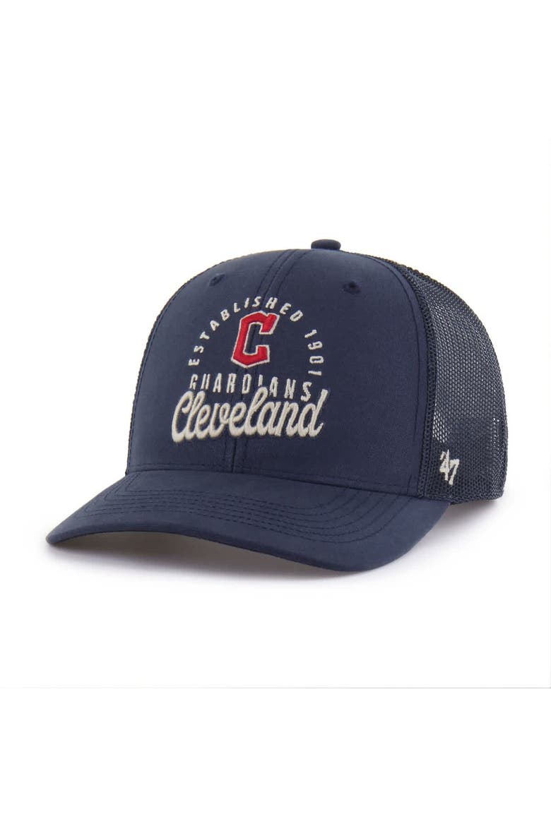 Men's '47 Navy Cleveland Guardians Pitstop Trucker Adjustable Hat, Main, color, Navy