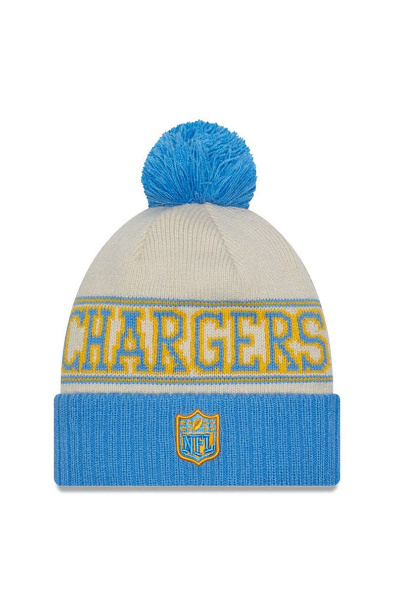 New Era Men's New Era Powder Cream/Blue Los Angeles Chargers 2023 Sideline Historic Pom Cuffed Knit Hat, Alternate, color, 