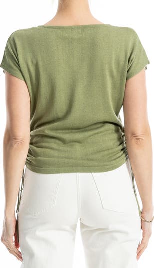 Side Ruched Short Sleeve V-Neck Sweater
