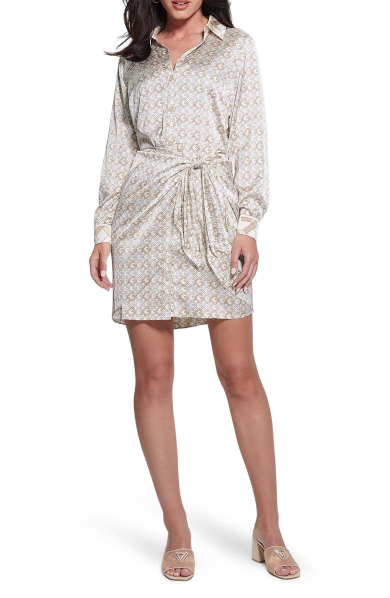 GUESS Tie Waist Long Sleeve Satin Shirtdress, Main, color, 