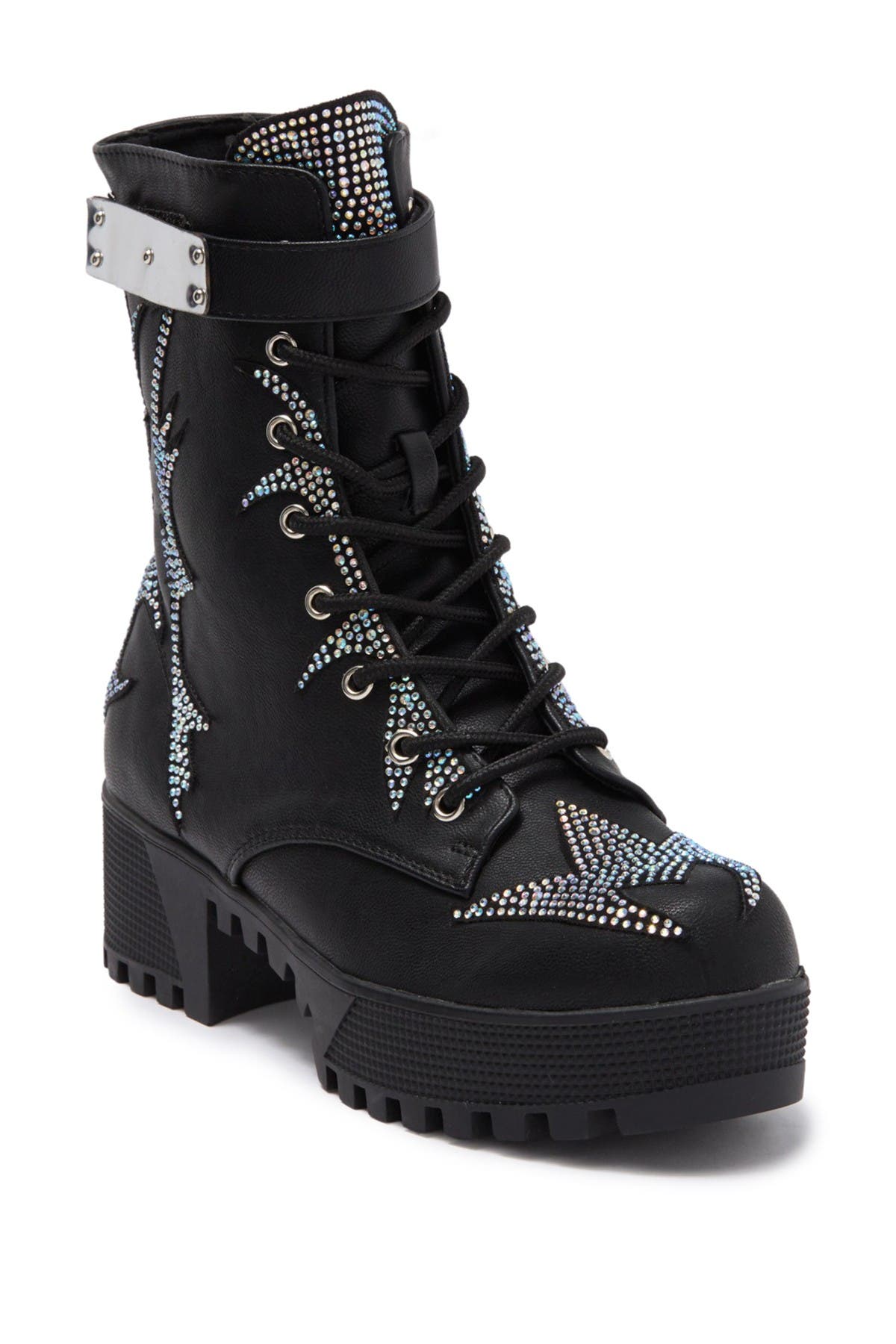 CHASE AND CHLOE Rhinestone Lug Sole Combat Boot, Alternate, color, 