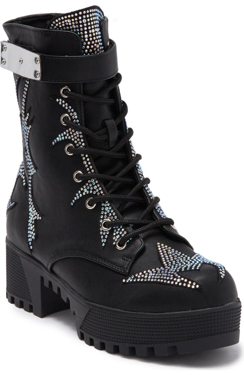 CHASE AND CHLOE Rhinestone Lug Sole Combat Boot, Alternate, color,