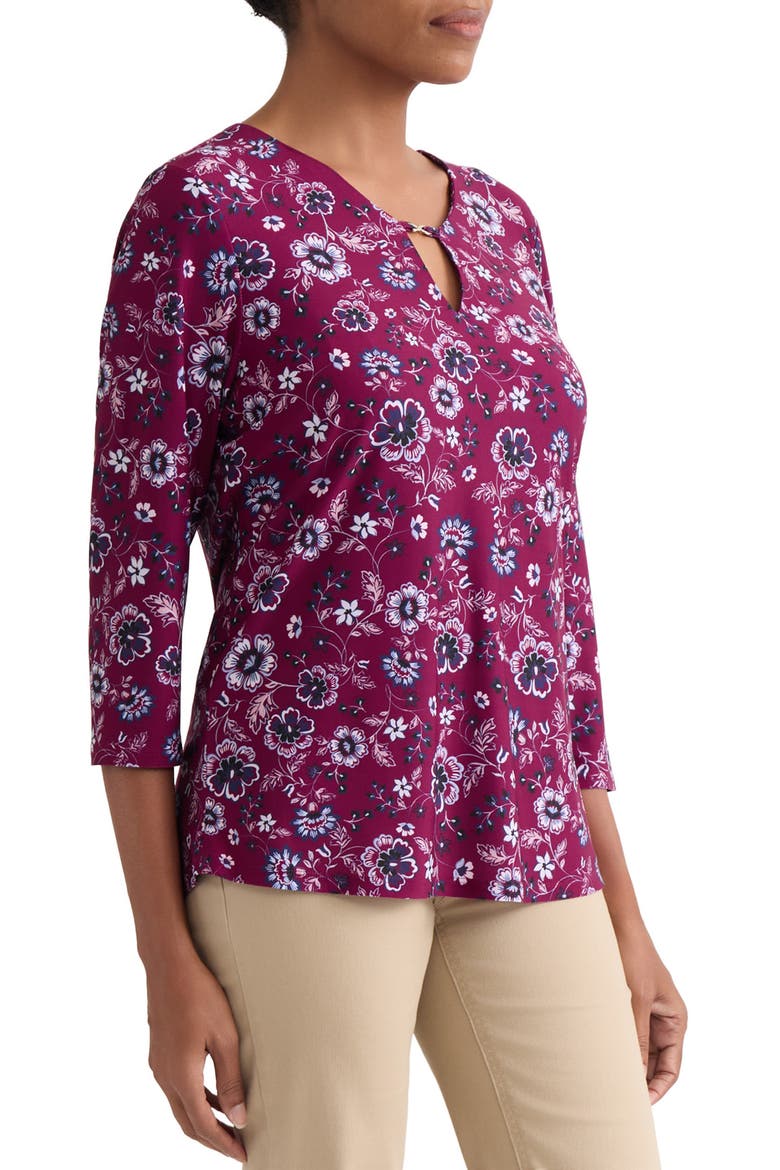 V-Neck Top with Trim, Alternate, color, BERRY RED MULTI