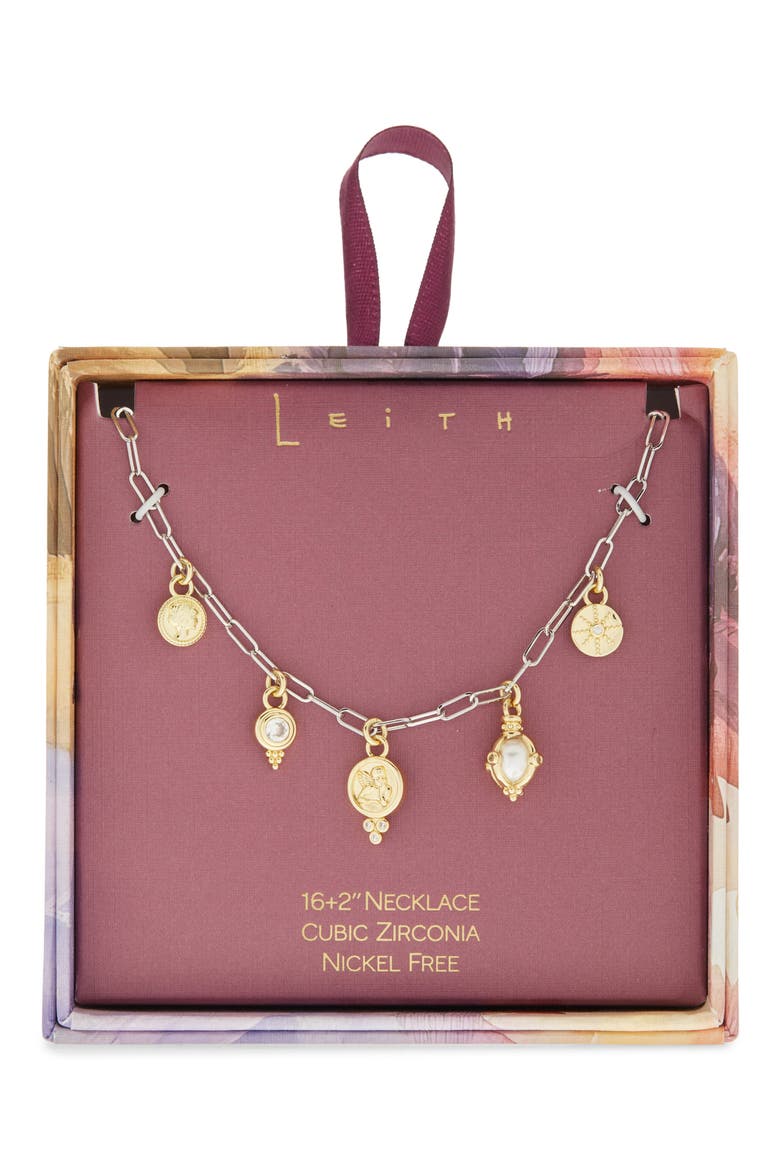 Two-Tone Cubic Zirconia & Cultured Pearl Coin Charm Necklace, Main, color, CLEAR- GOLD- SILVER