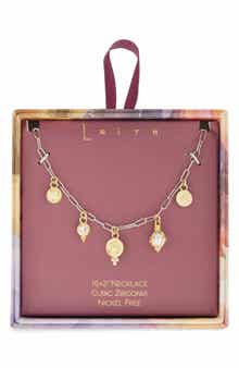 Leith Two-Tone Cubic Zirconia & Cultured Pearl Coin Charm Necklace