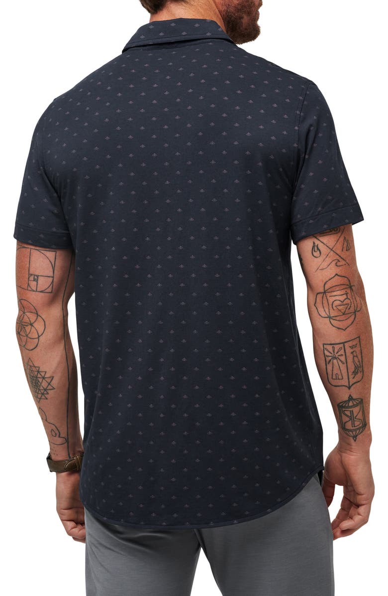 TravisMathew Set a Course Geo Print Knit Short Sleeve Button-Up Shirt, Alternate, color, Total Eclipse