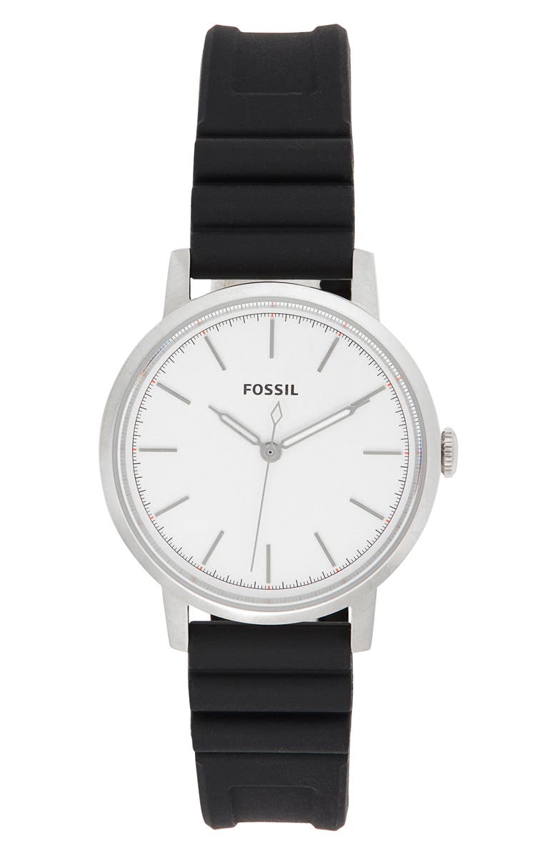Fossil Minimalist Three Hand Quartz Silicone Strap Watch, 44mm, Main, color, Silver