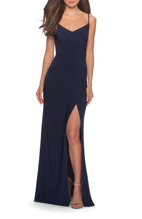 Long Jersey Dress with V-neck and Open Back