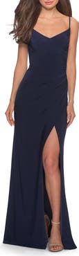 La Femme Long Jersey Dress with V-neck and Open Back