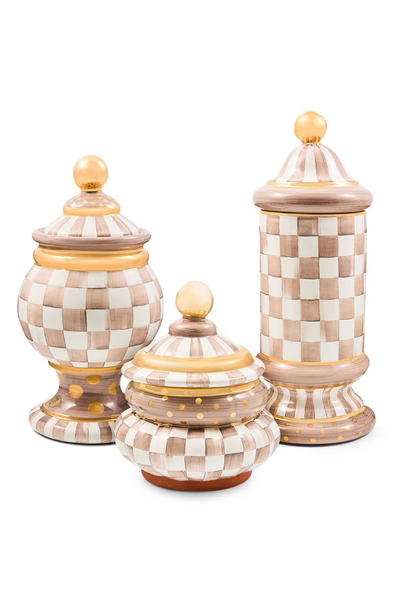MACKENZIE CHILDS Mocha Check Ceramic Column Canister, Alternate, color, Mocha