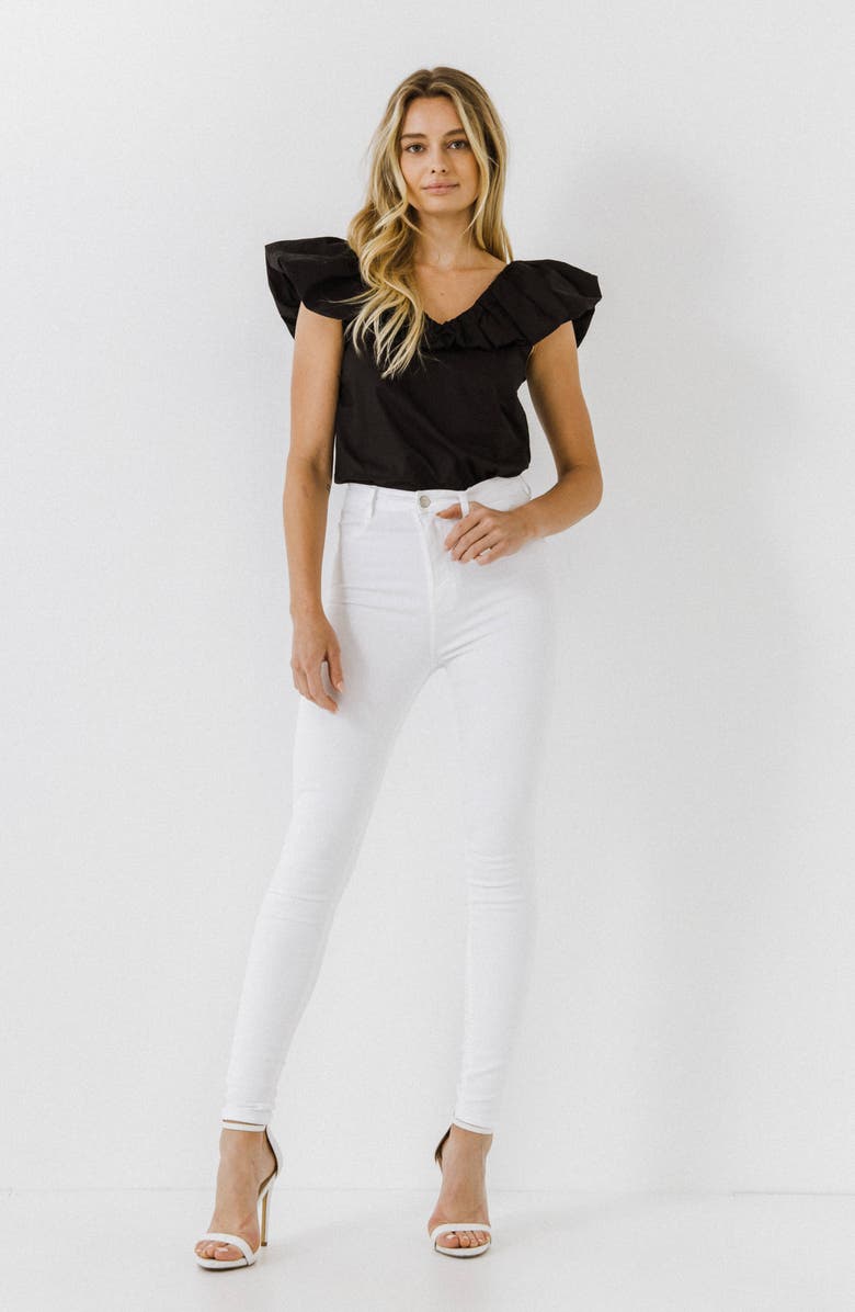 English Factory Ruffle V-Neck Cotton Top, Alternate, color, 