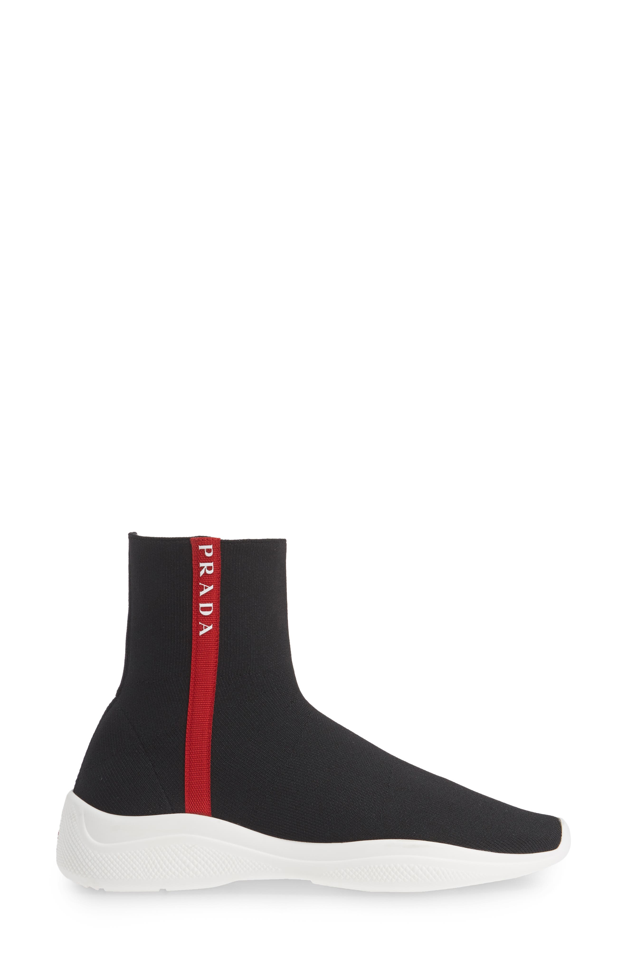 Prada Logo Band Sock Sneaker, Alternate, color, 