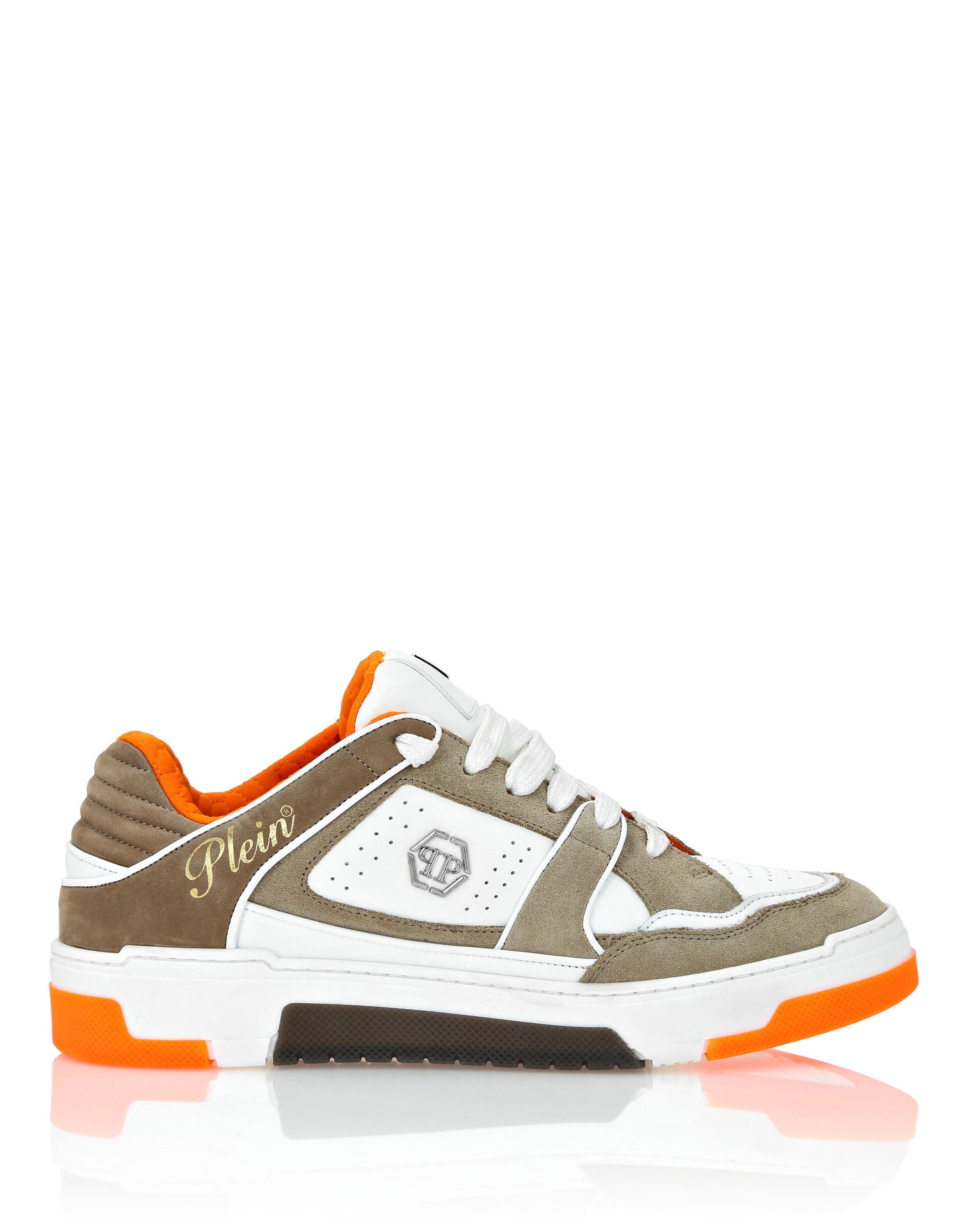 Mix Leather Lo-Top Sneakers Hexagon Luxe Unisex, Alternate, color, beige/orange