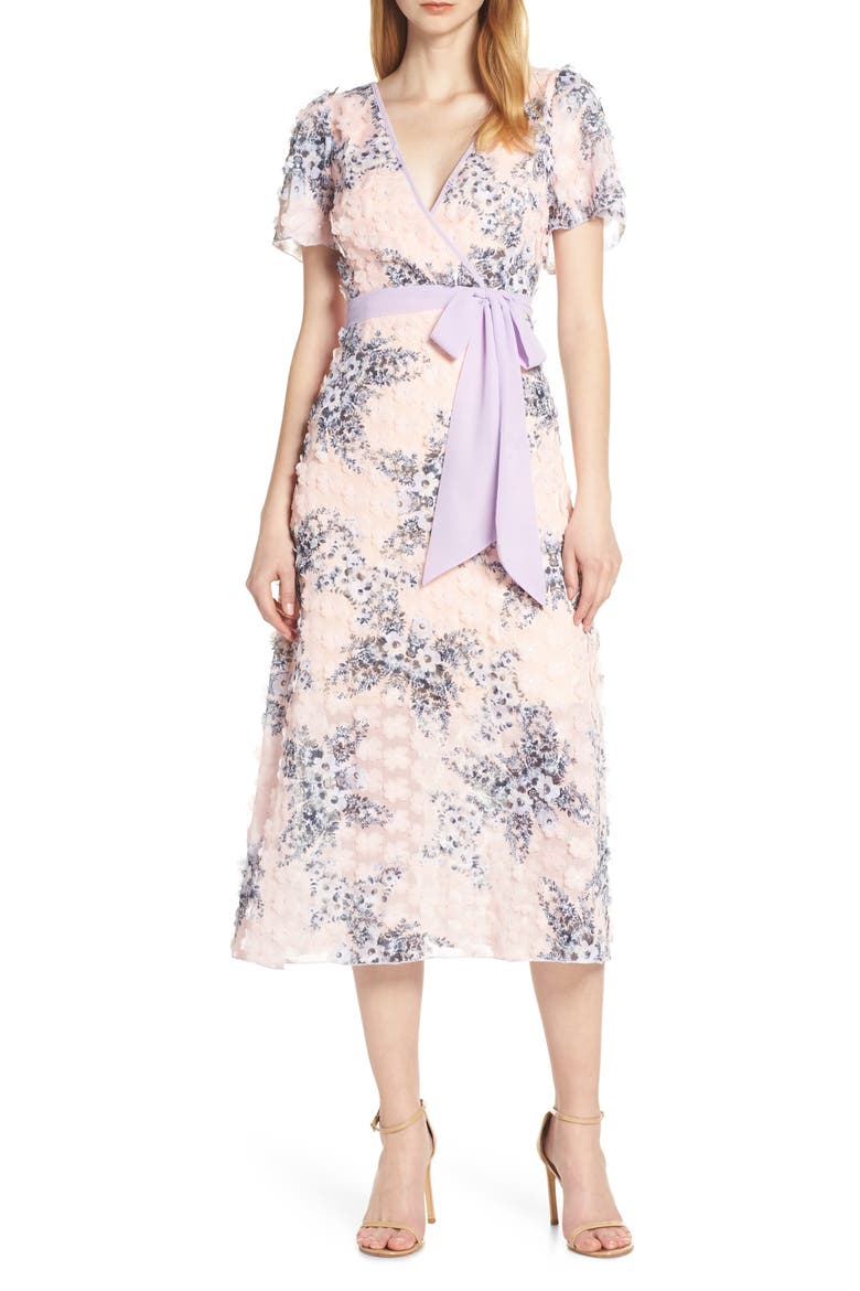 Naima 3D Floral Tea Length Dress, Main, color, NAIMA PINK MULTI