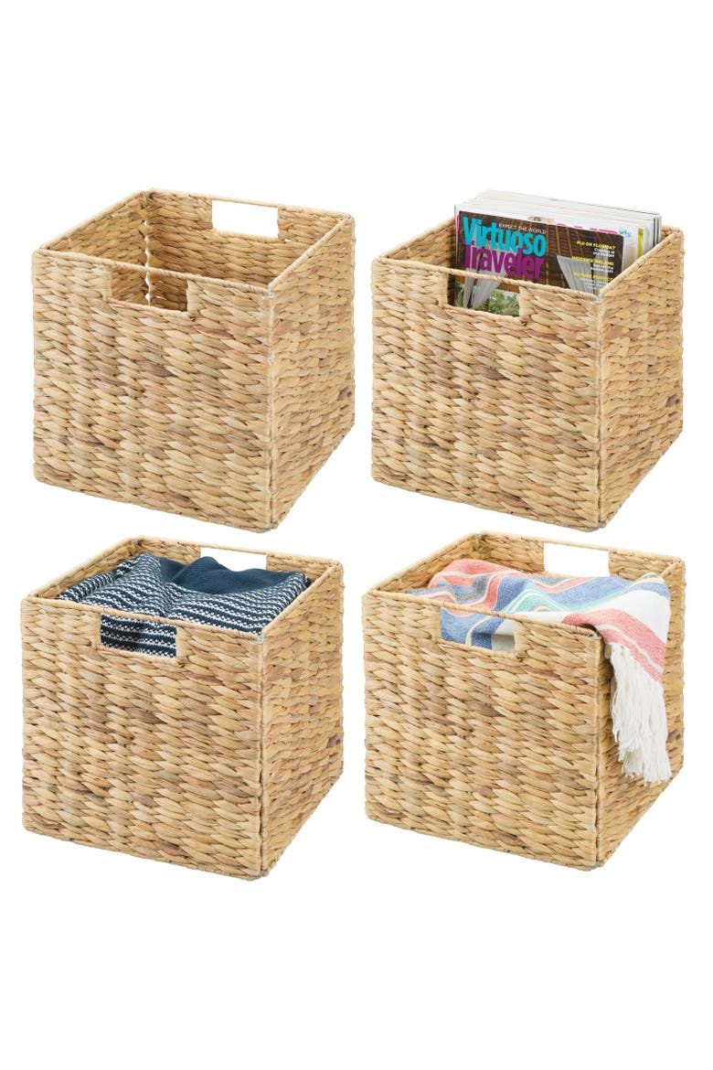 Hyacinth Woven Cube Bin Basket Organizer, Handles, 4 Pack, Alternate, color, Natural