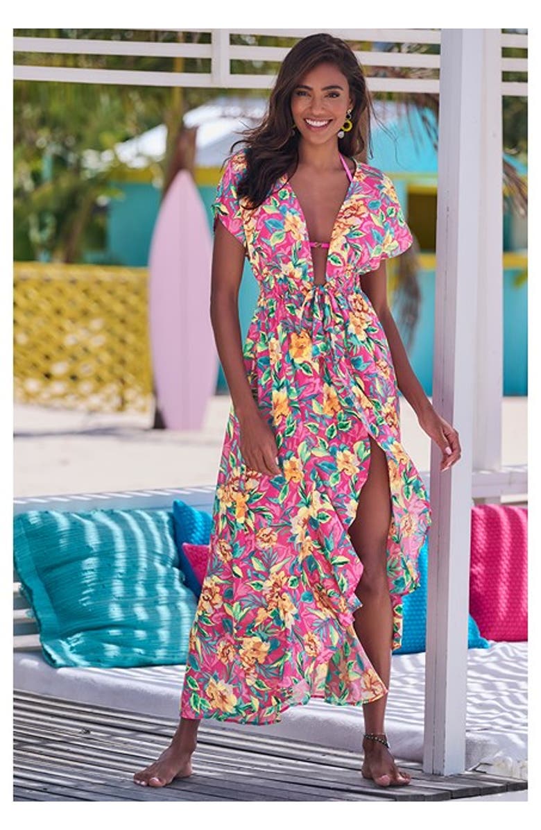 LASCANA Women's Floral Flounce Hem Cover Up, Alternate, color, Pink-Printed