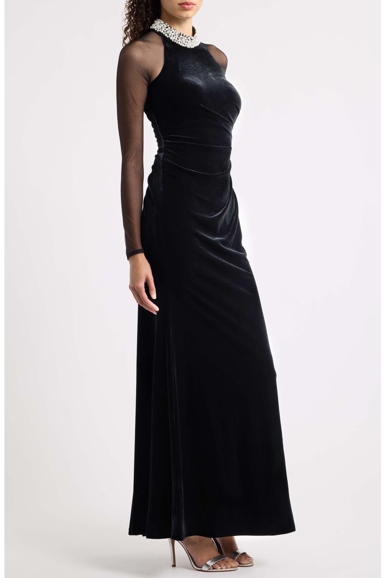Long Sleeve Stretch Velvet & Mesh Column Gown, Alternate, color, BLACK