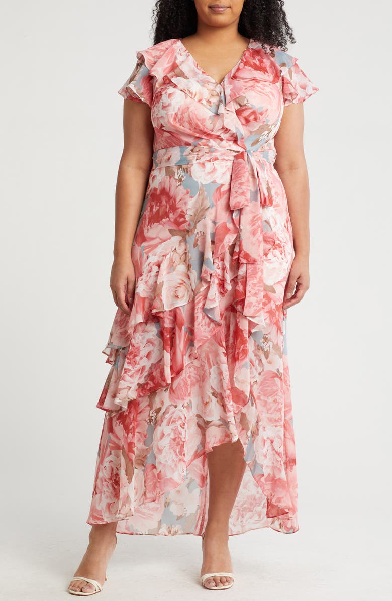Eliza J Floral Short Sleeve Ruffle Maxi Dress, Main, color,