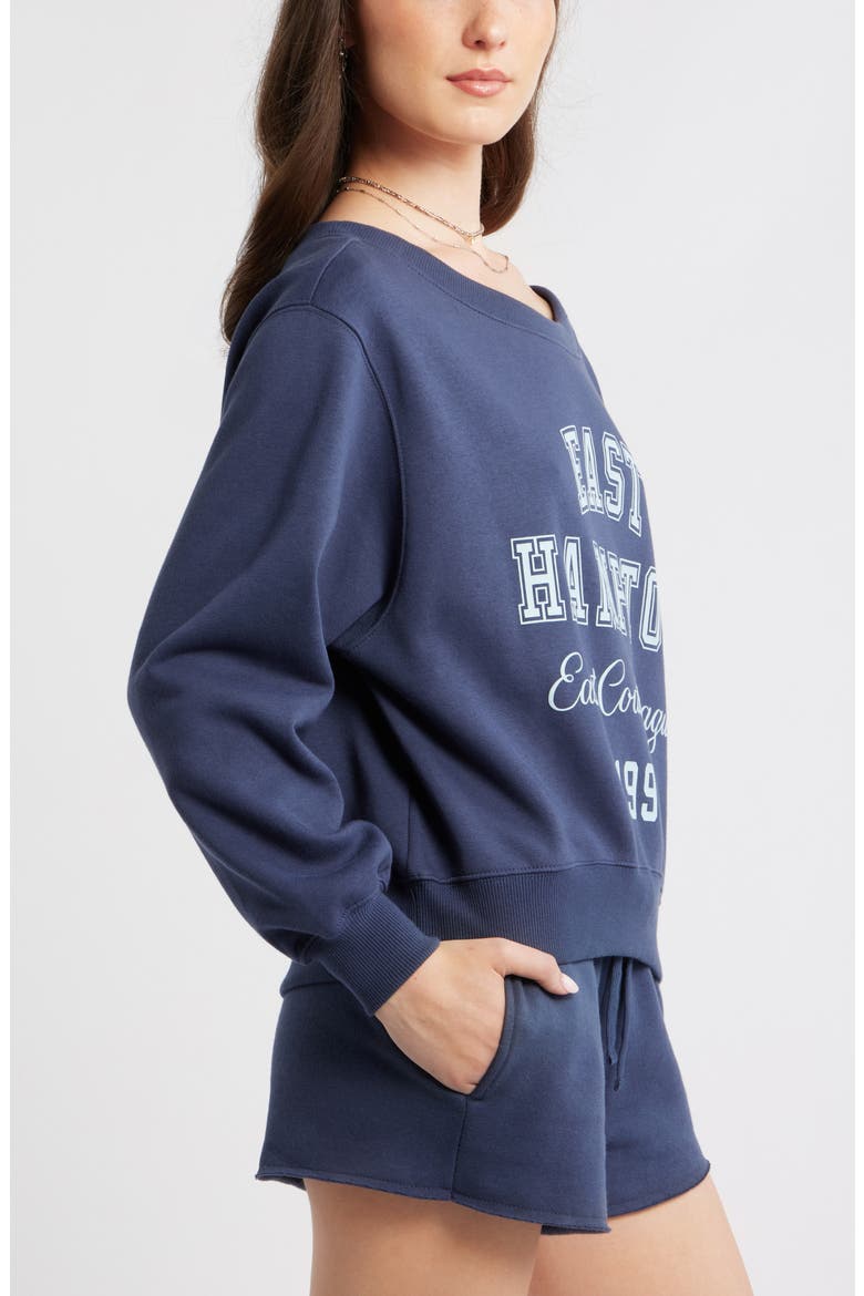 Off the Shoulder Fleece Graphic Sweatshirt, Alternate, color, NAVY- BLUE HAMPTON