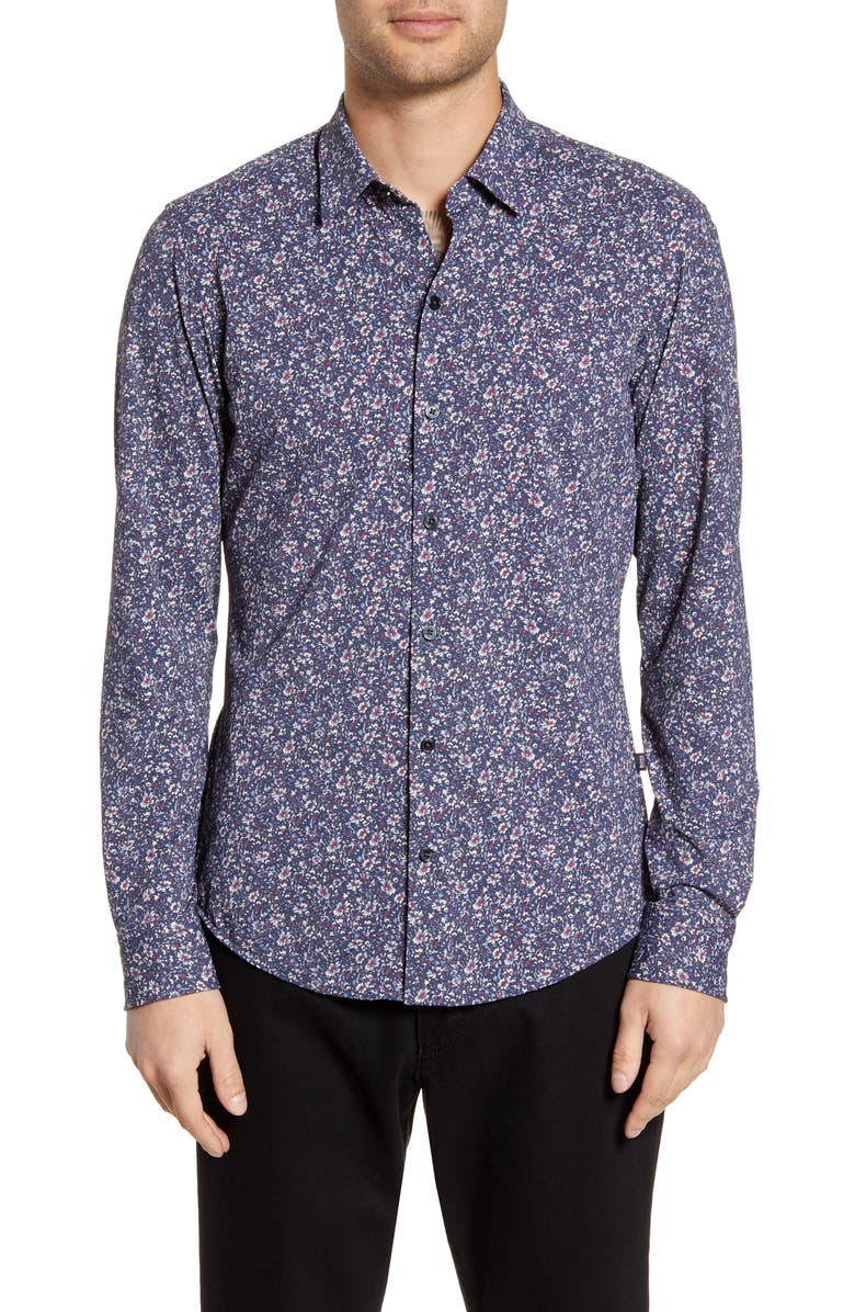 BOSS Robbie Sharp Fit Floral Print Stretch Button-Up Sport Shirt, Main, color, 